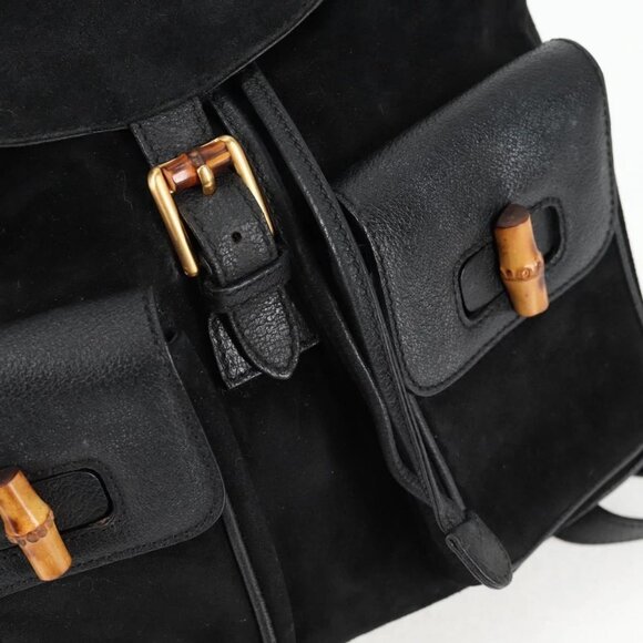 GUCCI Bamboo Backpack Suede Leather Black Gold 003 2058 0016 Auth bs28493 - Picture 13 of 16